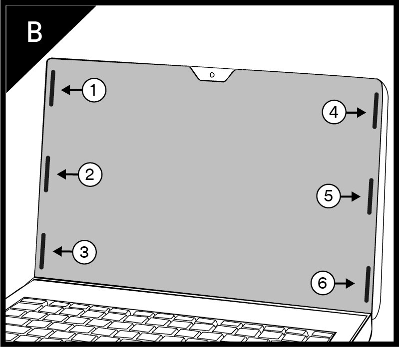 Bright screen privacy filter shown attached to laptop screen with six COMPLY adhesive strips
